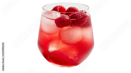Clear glass filled with cold red raspberry drink and ice cubes, isolated on transparent background