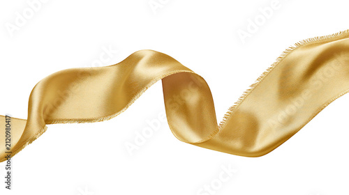 Foto Flowing golden satin ribbon with frayed edges, isolated on transparent backgroun