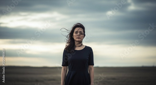 Asian Model Natural Outdoor Portrait in Windy Field