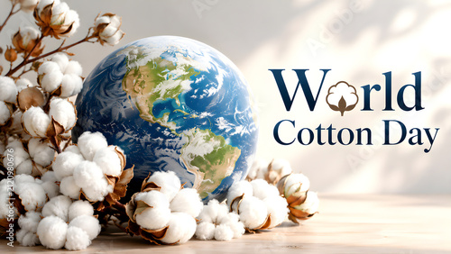 World Cotton Day concept with a globe surrounded by soft white cotton flowers.
