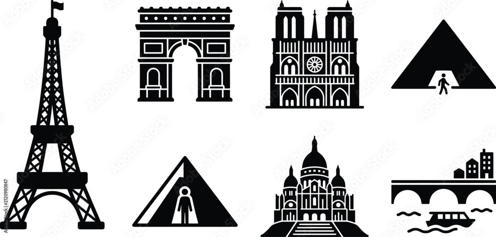 Fototapeta premium Paris landmark icons set, black silhouette vector of French monuments and architecture, 8 travel destination symbols for tourism design