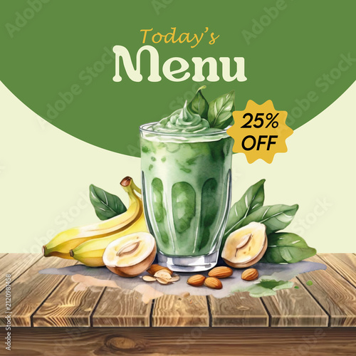 Green smoothie drink menu with banana and almonds on a wooden surface.