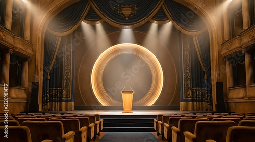 Empty theater stage with podium and gold lighting.