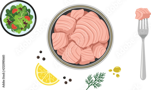 Vector culinary illustration of canned tuna featuring an open tin can with fish chunks green salad bowl fork lemon slice pepper peppercorns and dill