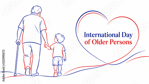 An elderly man walking with a young child holding hands for International Day of Older Persons.