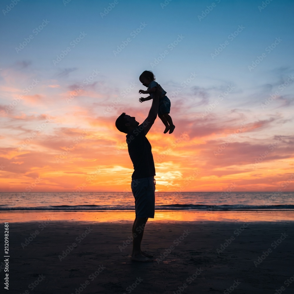 Fototapeta premium man holding child, father and son, silhouette at sunset, loving parent lifting, baby lifted high, dad child bond, sunset sky background, orange golden clouds, outdoor family love