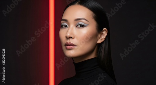 Asian Woman Beauty Cosmetics Portrait with Neon Lighting