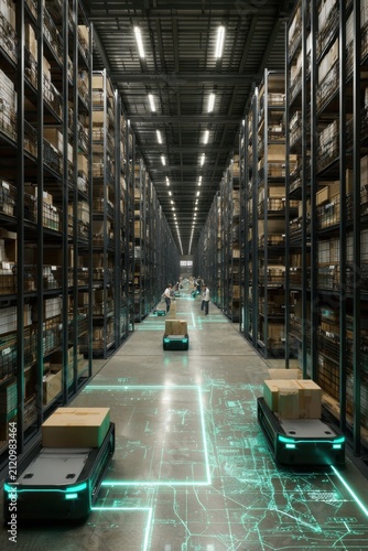 View inside a large automated warehouse showing robots and workers moving boxes on a busy floor during the day with shelves arranged in rows