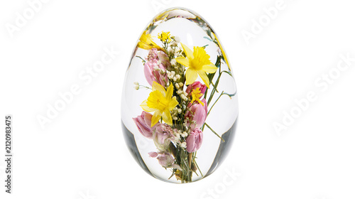 фотографія Clear glass egg paperweight with delicate spring flowers, isolated on transparen
