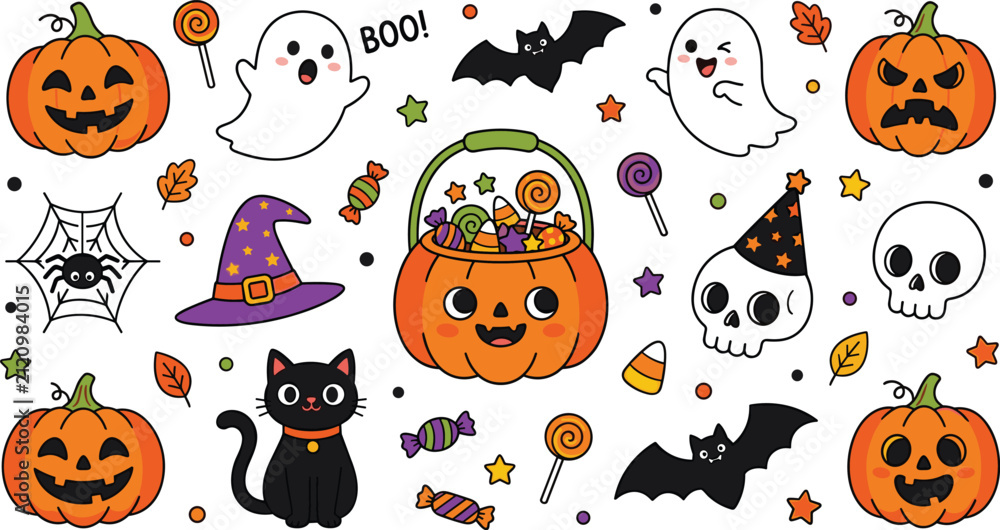Obraz premium Cute Halloween vector character illustration set with flat line cartoon stickers for spooky autumn holiday child education marketing