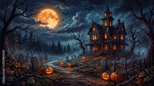 Spooky haunted mansion with glowing windows under a full moon surrounded by pumpkins and a dark forest