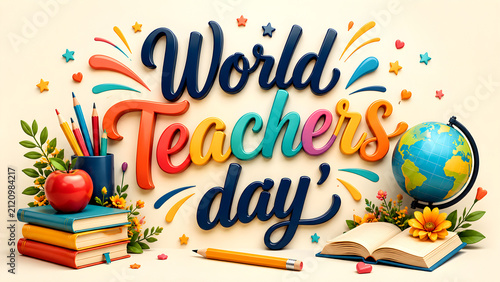 Colorful World Teachers Day celebration greeting card design with school supplies and globe.