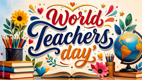 Colorful decorative illustration for World Teachers Day celebration with books and stationery.