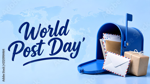Blue mailbox with letters and parcels for World Post Day celebration.