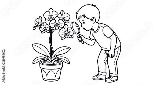 Obraz na płótnie Boy examining orchid flower with a magnifying glass.