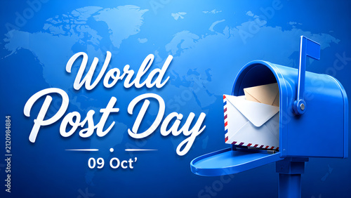 World Post Day celebration concept with a blue mailbox and envelopes on a global map background.