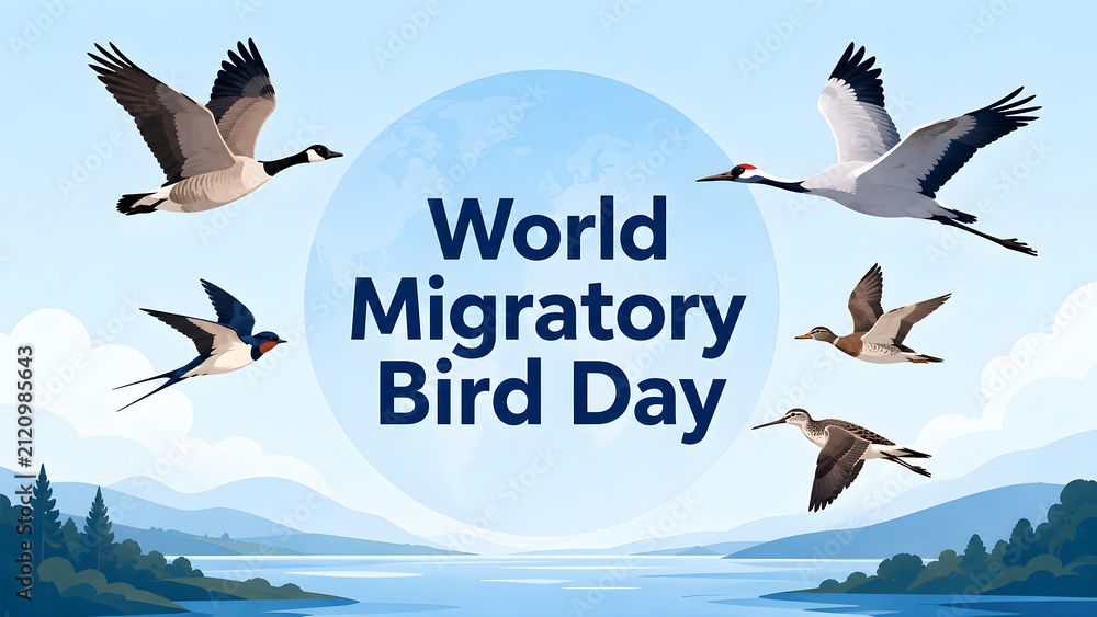 Obraz premium World Migratory Bird Day celebration poster with flying birds over a scenic landscape background.