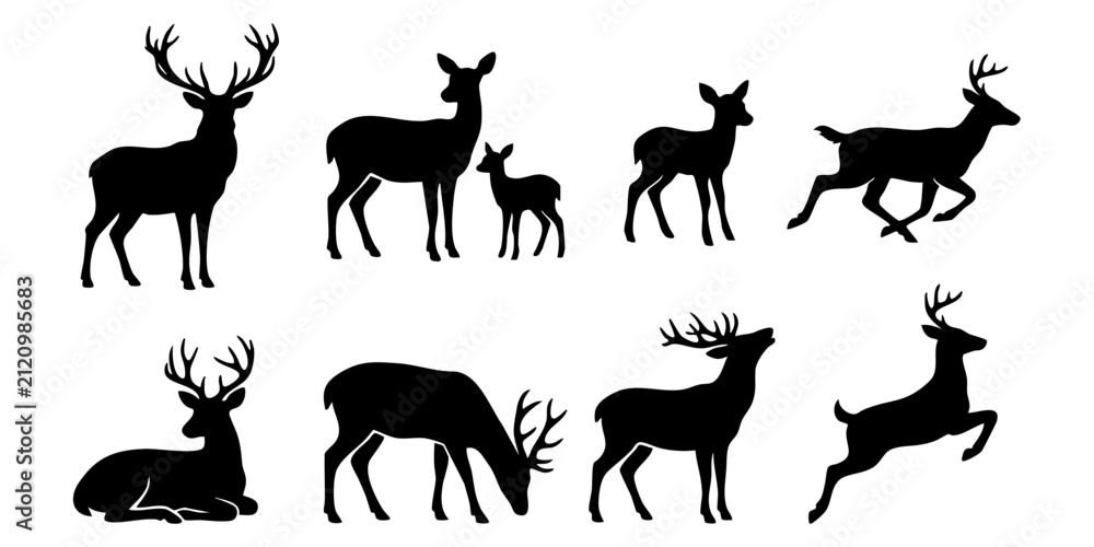 Fototapeta premium Collection of black deer silhouettes in nature concepts like running grazing and standing forest wildlife icon set for graphic design