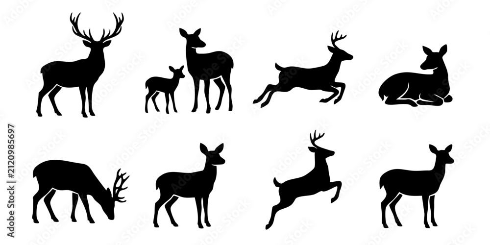 Fototapeta premium Collection of Silhouettes Depicting Deer in Various Poses and Activities