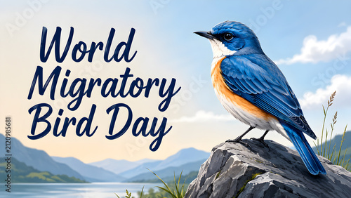 Beautiful blue bird perched on a rock for World Migratory Bird Day celebration.