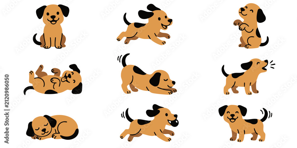 Obraz premium Cute cartoon dog characters set with various poses and expressions in a flat vector style