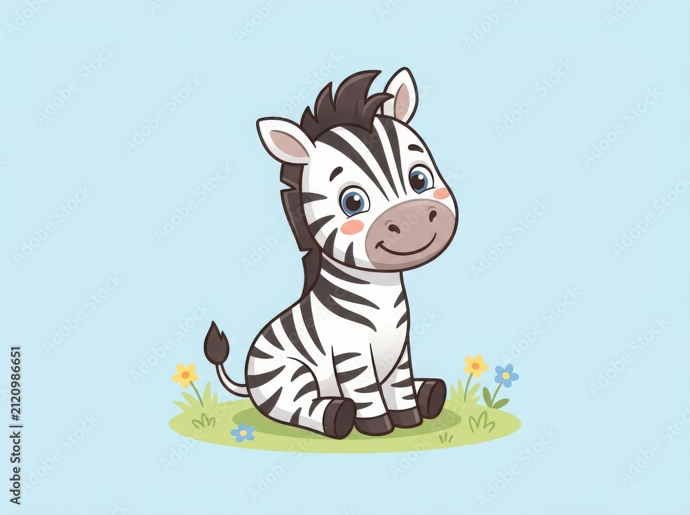 Obraz premium Cute cartoon baby zebra sitting on green grass with small colorful flowers in a simple vector illustration style