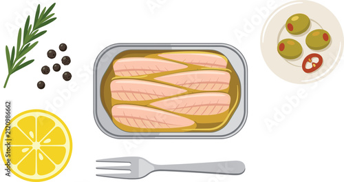 Vector illustration of canned sardines in olive oil with ingredients including fresh lemon slice green olives peppercorns rosemary branch and fork