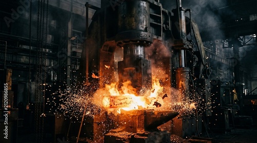 Industrial metal forging process with sparks and glowing hot steel in a factory.