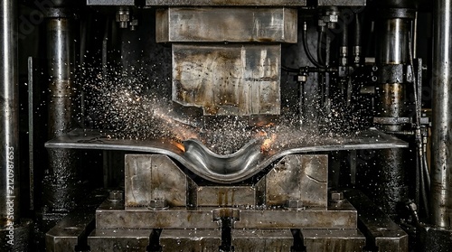Industrial metal stamping process with sparks flying in a heavy factory press machine.