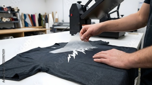 Man Hands Peeling Back a Transfer Sheet from a Custom T-shirt After Heat Pressing in a Workshop