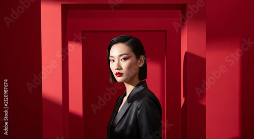 East Asian Fashion Model with Red Cosmetics in Creative Portrait
