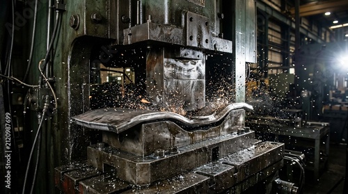 Industrial metal stamping machine forming a steel automotive part in a factory.