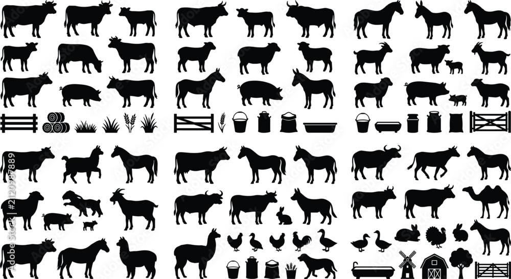 Fototapeta premium Black Farm Animals Silhouette Icon Set with Livestock Cattle Horses Pigs and Poultry Symbols for Agriculture Farmstead Websites Apps and Graphic Designs