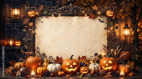 Festive halloween background featuring a blank central frame surrounded by glowing jack o lanterns and autumn leaves
