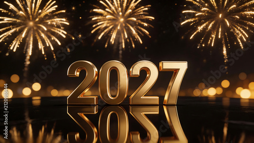 Golden 2027 numbers with fireworks