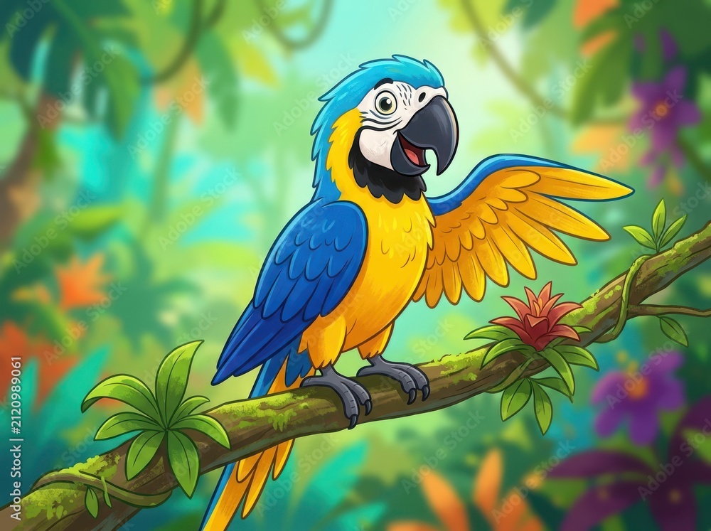 Obraz premium Cute cartoon macaw parrot with blue and yellow feathers sitting on a branch in a bright tropical jungle forest