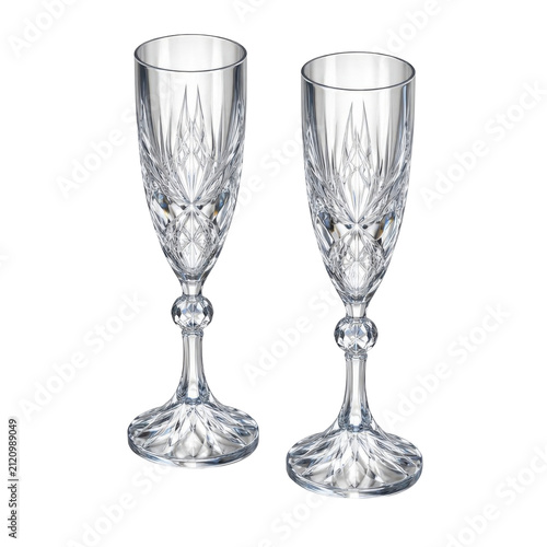 Two isolated crystal champagne flutes with intricate cut glass patterns and a faceted stem, presented on a transparent background. Ideal for celebrations.