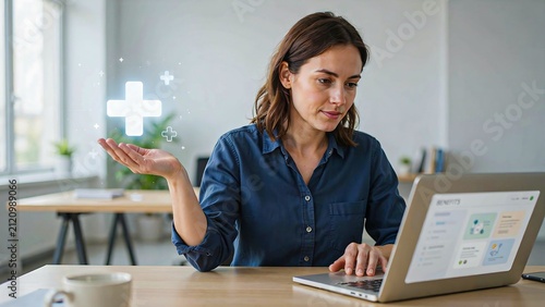 Businesswoman working on laptop with healthcare insurance and medical support concept
