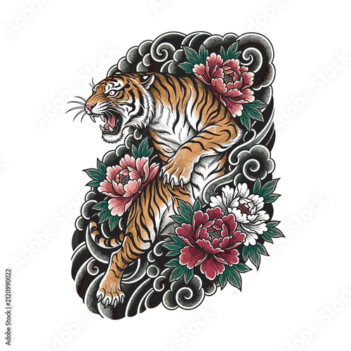 Colorful Japanese Irezumi-style illustration of a roaring tiger emerging through swirling clouds and blooming peony flowers, symbolizing courage, strength, prosperity, and fearless determination
