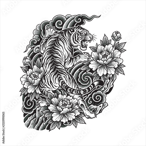 Detailed black and white Japanese-inspired tattoo illustration of a roaring tiger climbing rocky cliffs, surrounded by blooming peony flowers and swirling clouds in traditional Irezumi engraving style