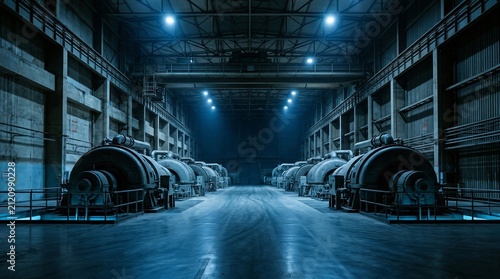 Industrial power plant turbine hall with heavy machinery and moody blue lighting.