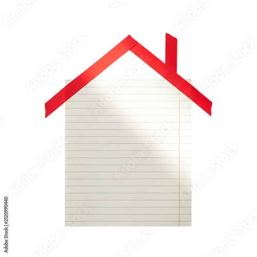 Abstract illustration of a house outline made from red tape on lined paper