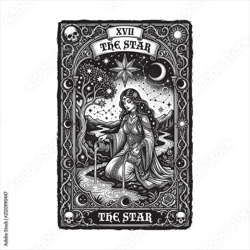 Intricate The Star (XVII) tarot card illustration featuring a celestial maiden pouring water beneath a radiant star, crescent moon, constellations, mountains, and ornate gothic border