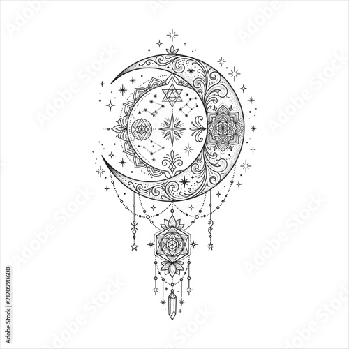 Elegant celestial tattoo illustration featuring an ornate crescent moon, sacred geometry, constellation symbols, mandala ornaments, crystal pendant, and delicate stars in fine line monochrome style