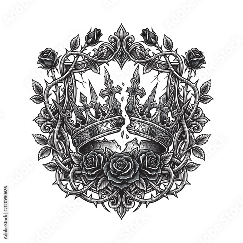 Intricate gothic tattoo illustration featuring a shattered royal crown framed by black roses, thorny vines, ornate floral filigree, and cracked architectural details in monochrome engraving style