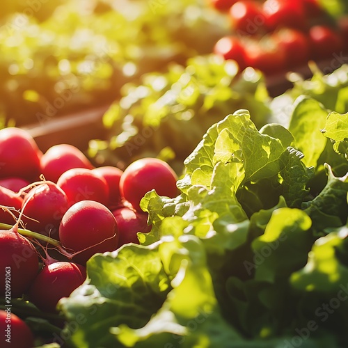 Freshly harvested radishes and lettuce at a vibrant farmers market stall.