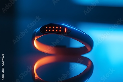 Futuristic Smart Ring with Glowing Display on Reflective Surface.