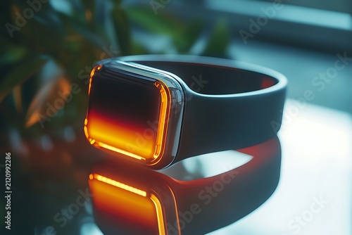 Futuristic Smartwatch with Glowing Orange Display on Reflective Surface.