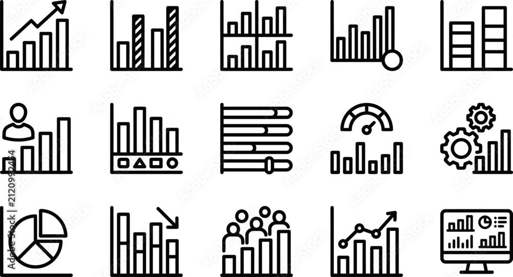 Obraz premium Set of fifteen thin line business and finance chart icons representing data analysis and statistical reporting