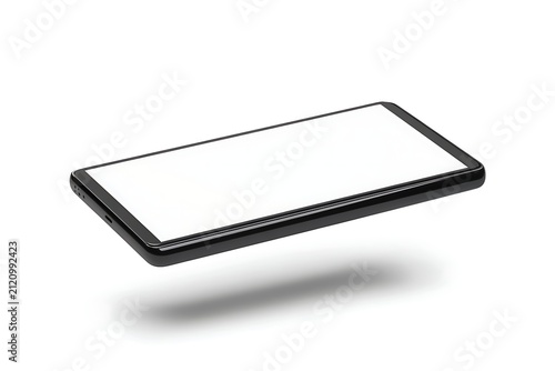 Floating black smartphone with a blank white screen isolated on a white background.